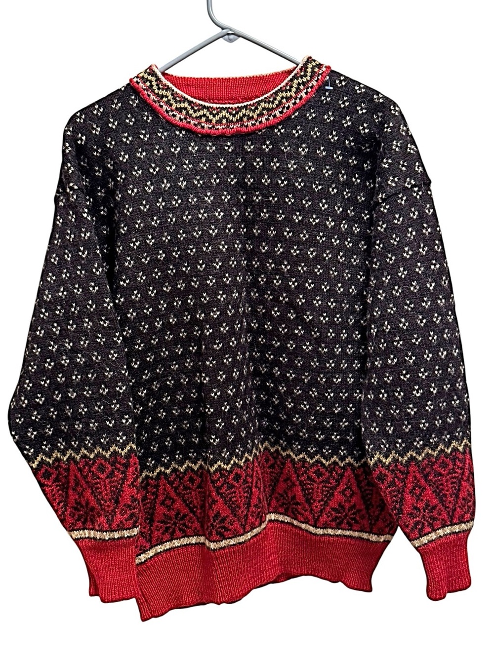 Men's 100% Wool Made in Iceland Black & Red Fair Isle Knit Sweater - Size XL